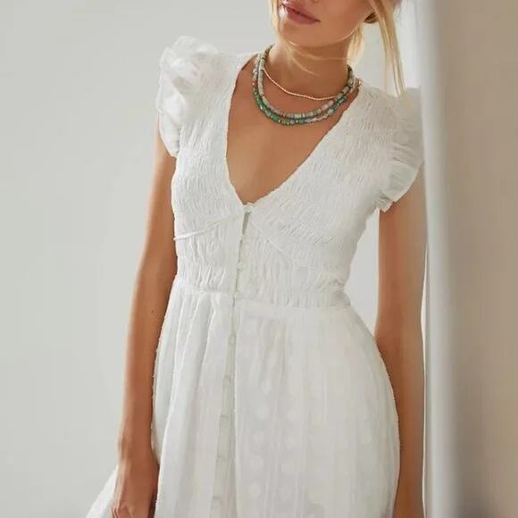 Anthropologie Dress Womens Extra Small Peregrine Midi White Smocked VNeck Aline - Picture 2 of 15